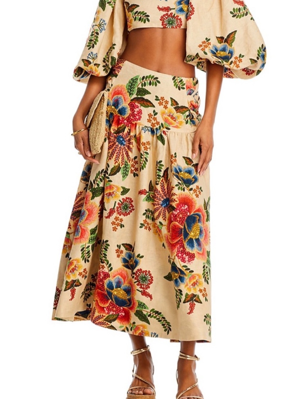 Farm Rio Delicate Garden Printed Linen Midi Skirt Cream XS EUC
